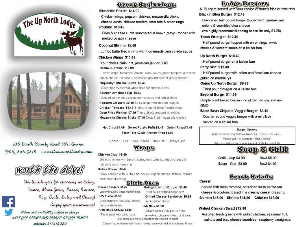 Our Menu The Up North Lodge Dining & Bar in Gwinn, MI