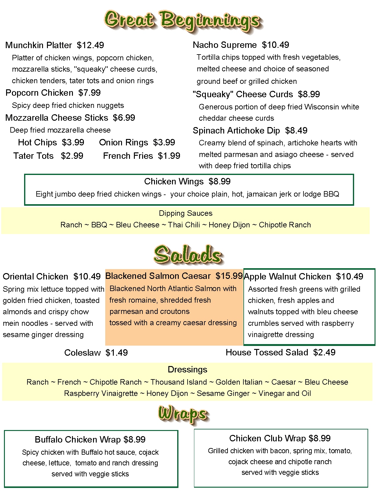 Our Menu - The Up North Lodge - Dining & Bar in Gwinn, MI