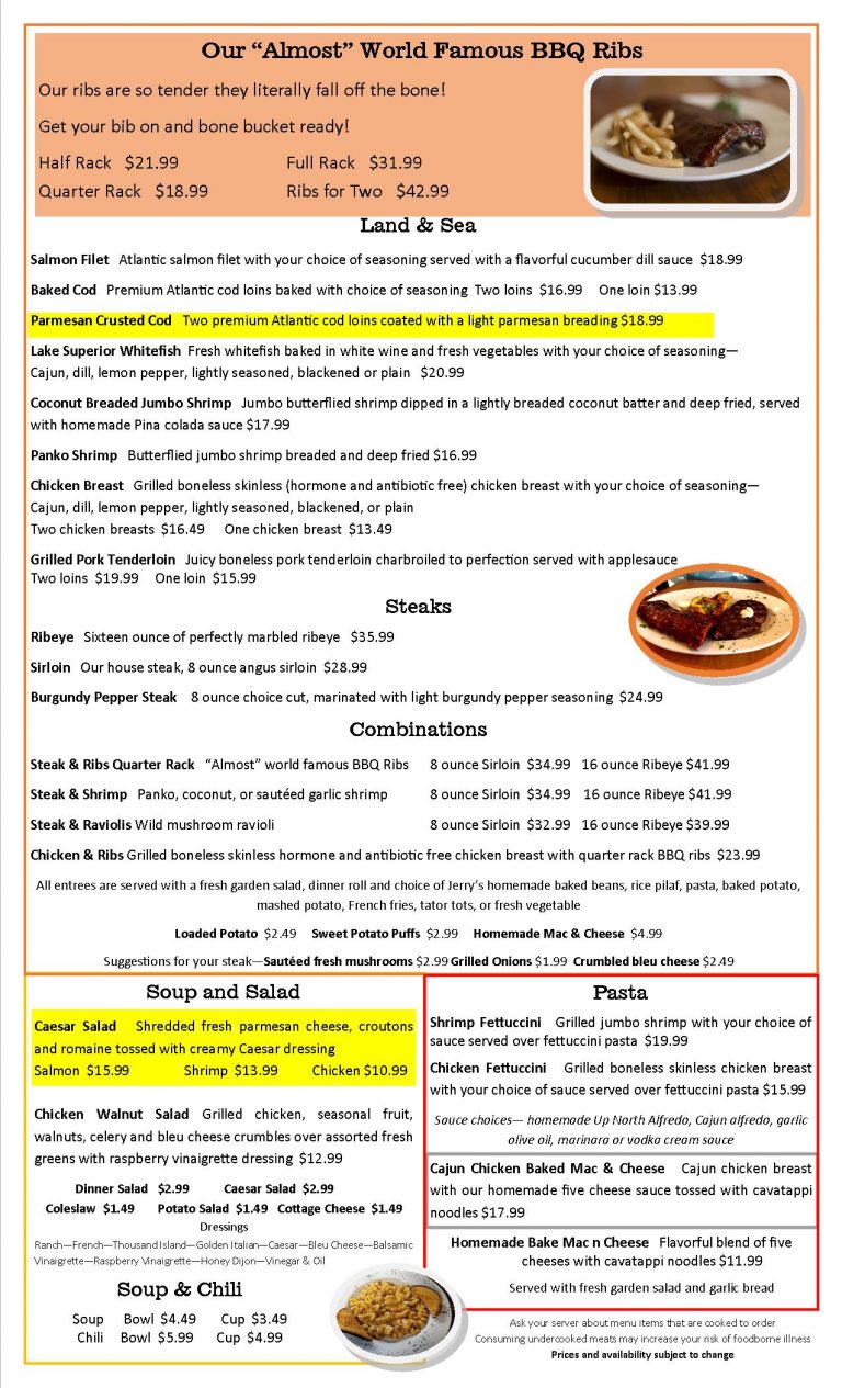 Our Menu The Up North Lodge Dining & Bar in Gwinn, MI